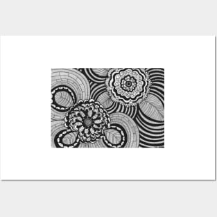 Illustration black and white with curves and flowers inspired by zentangle Posters and Art